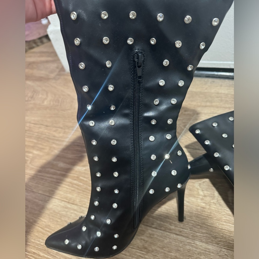 Black Rhinestone Thigh High Boots